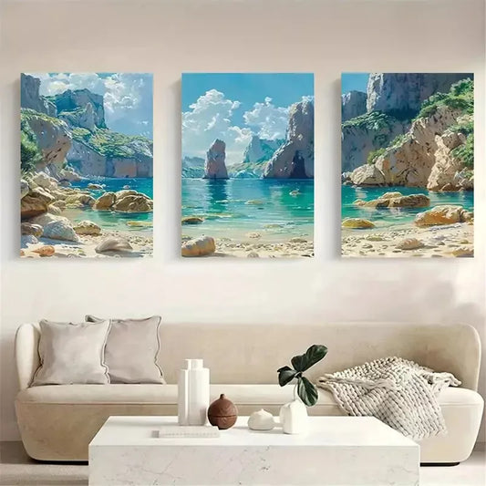 3pcs Serene Beach And Cliff Canvas Framed 40x60cm - High Quality Print 100% Australian Made Wall Canvas Ready to Hang
