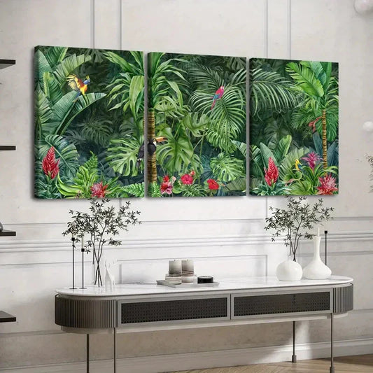 3pcs Vibrant Tropical Jungle Colorful Bird Trees Wall Art Set Canvas Framed 40x60cm - High Quality Print 100% Australian Made Wall Canvas Ready to Hang