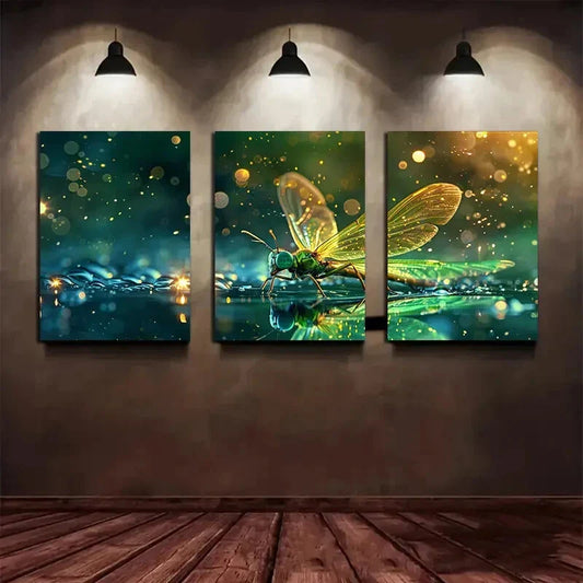 3pcs Firefly Moonlight Golden Wings Metal Print Ready to Hang Art