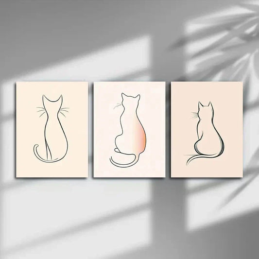 3pcs Cat Silhouette Light Pink & Beige Metal Print Ready to Hang Art