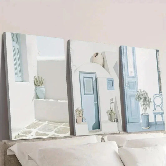 3pcs Blue Doors Porches White Walls & Potted Wall Art Set Canvas Framed 40x60cm - High Quality Print 100% Australian Made Wall Canvas Ready to Hang