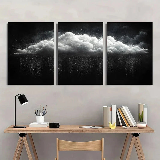 3pcs Modern Black and White Cloud Serene Rainy Metal Print Ready to Hang Art