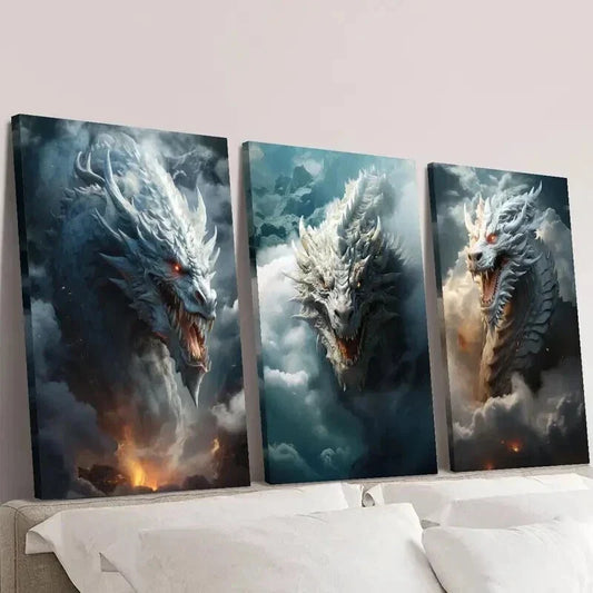 3pcs Fantasy Flying Dragon on the Clouds Wall Art Set Canvas Framed 40x60cm - High Quality Print 100% Australian Made Wall Canvas Ready to Hang