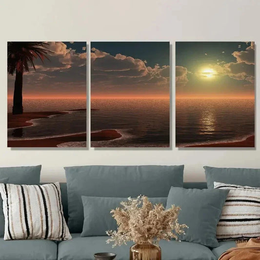 3pcs Sunset Beach Triptych Vibrant Orange & Brown Metal Print Ready to Hang Art