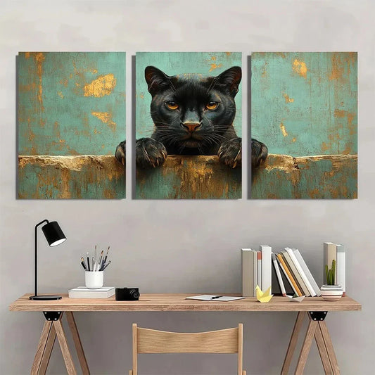 3pcs Retro Funny Black Panther Snowy Tree Metal Print Ready to Hang Art