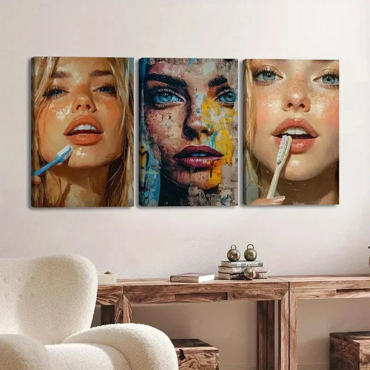 3pcs Abstract Face Makeup Vibrant Blue & Golden Wall Art Set Canvas Framed 40x60cm - High Quality Print 100% Australian Made Wall Canvas Ready to Hang