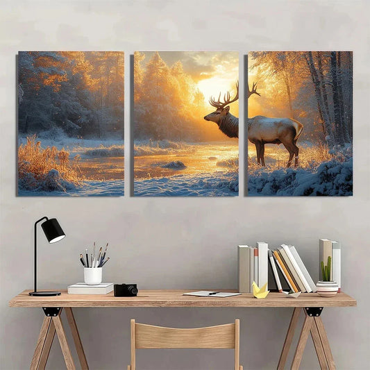 3pcs Realistic Deer in Winter Forest Scene Metal Print Ready to Hang Art
