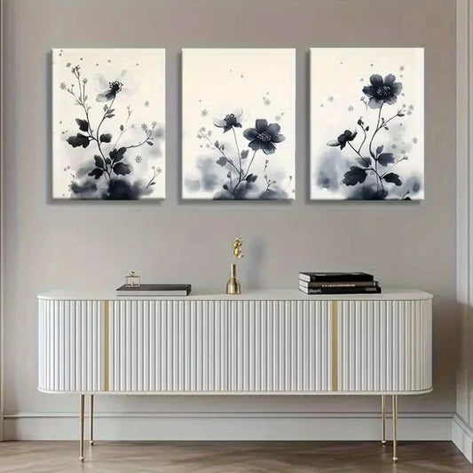 3pcs Elegant Black and White Floral Perfect Wall Art Set Canvas Framed 40x60cm - High Quality Print 100% Australian Made Wall Canvas Ready to Hang