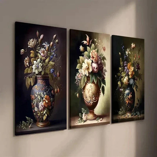 3pcs Artistic Painting of Flowers in Vase Wall Art Set Canvas Framed 40x60cm - High Quality Print 100% Australian Made Wall Canvas Ready to Hang