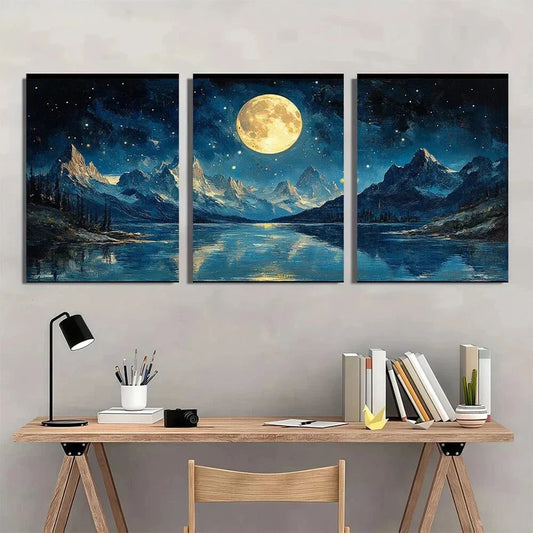 3pcs Starry Night Mountain Moon Metal Print Ready to Hang Art