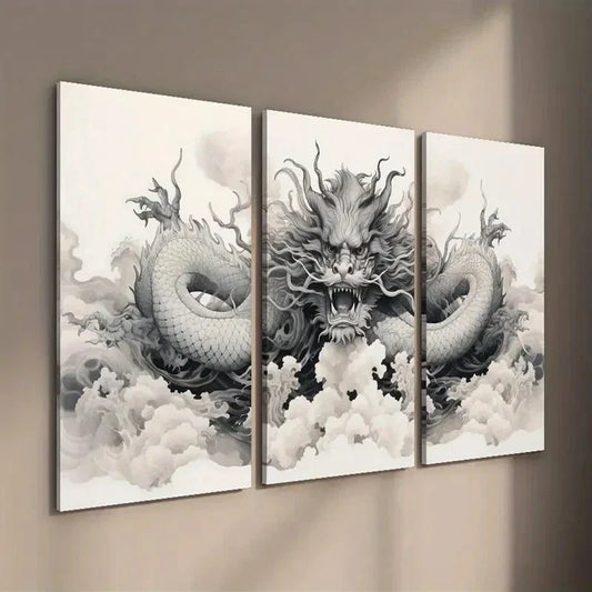 3pcs Japanese Dragon Black & White Wall Art Set Canvas Framed 40x60cm - High Quality Print 100% Australian Made Wall Canvas Ready to Hang