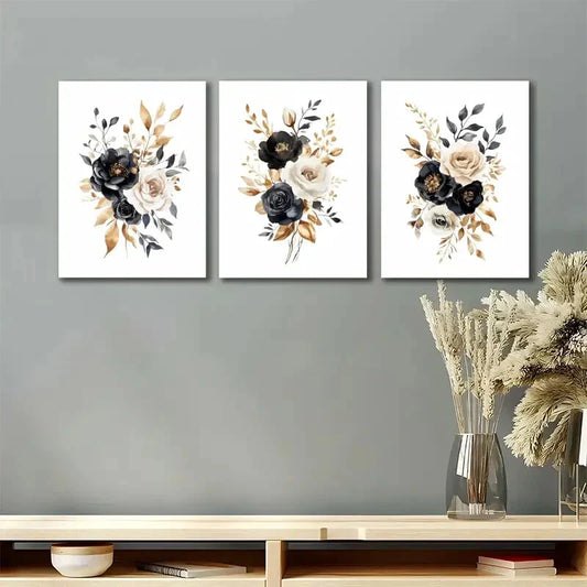 3pcs Black Golden White Elegant Floral Metal Print Ready to Hang Art