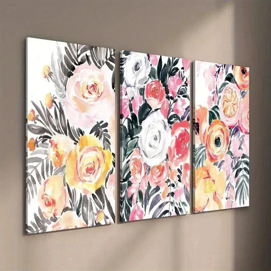3pcs Botanical Colorful Flowers and Plant Leaves Wall Art Set Canvas Framed 40x60cm - High Quality Print 100% Australian Made Wall Canvas Ready to Hang