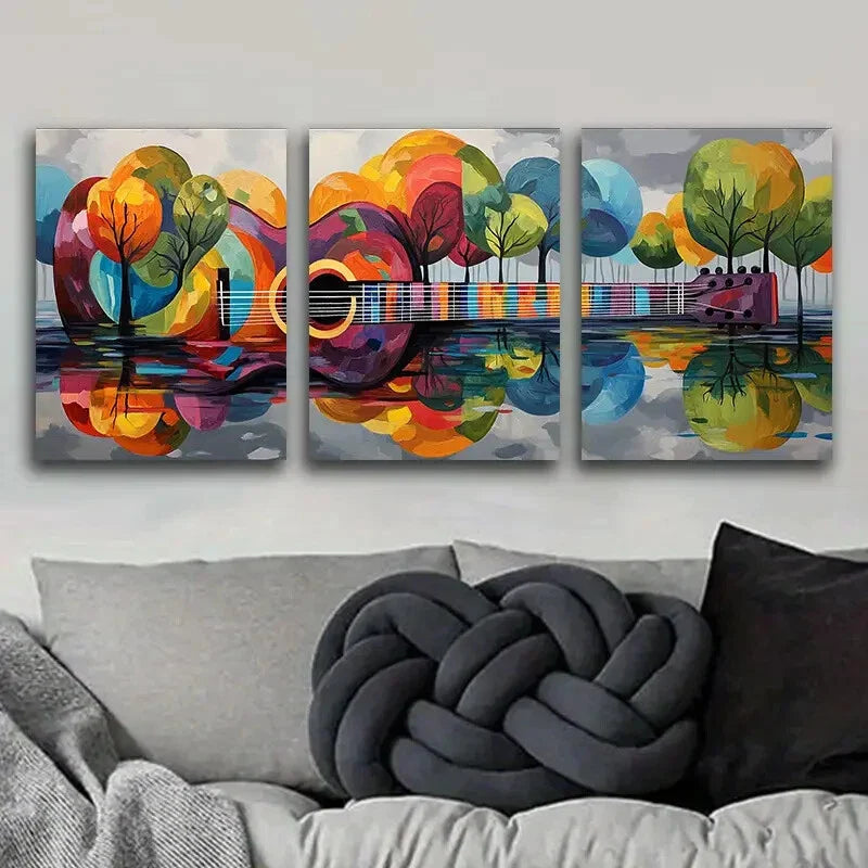 3pcs Colorful Guitar Tree Design Cool Perfect Wall Art Set Canvas Framed 40x60cm - High Quality Print 100% Australian Made Wall Canvas Ready to Hang