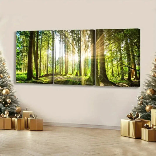3pcs Green Sunlight Shines Through The Trees Wall Art Set Canvas Framed 40x60cm - High Quality Print 100% Australian Made Wall Canvas Ready to Hang