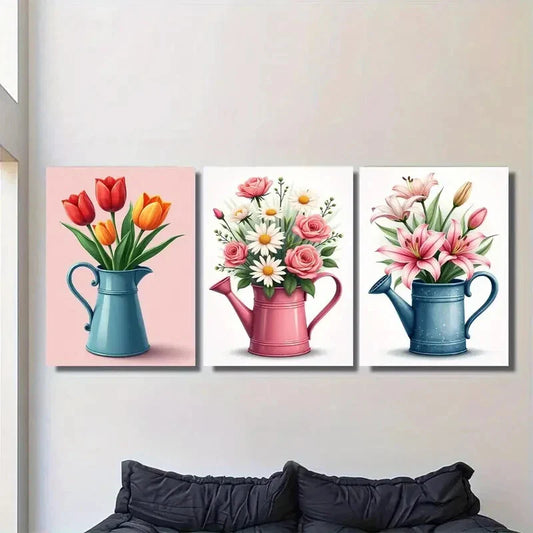 3pcs Colorful Floral Bouquets in Watering Metal Print Ready to Hang Art