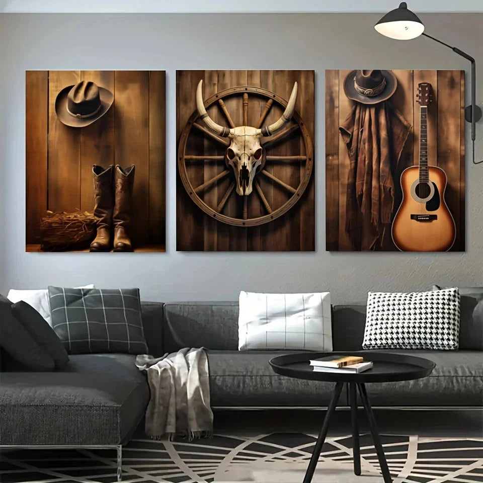 3pcs Vintage Cowboy Hat Boots Steer Skull Metal Print Ready to Hang Art