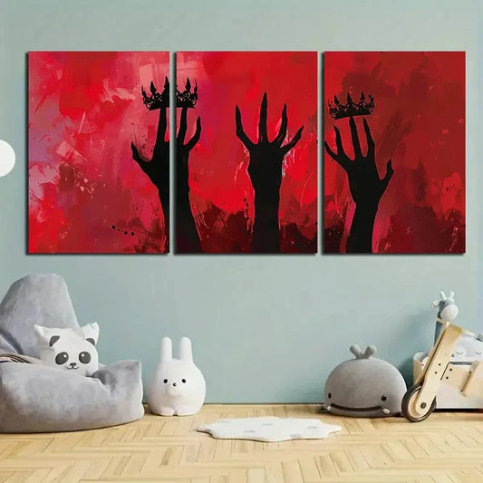 3pcs Crown Red Theme Knuckle On Hand Metal Print Ready to Hang Art