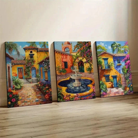 3pcs Mexican Architecture with Floral Design Wall Art Set Canvas Framed 40x60cm - High Quality Print 100% Australian Made Wall Canvas Ready to Hang