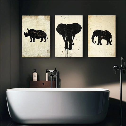 3pcs Black Animal Silhouette Abstract Paintings Metal Print Ready to Hang Art