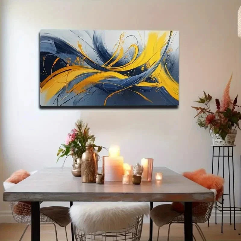 Dynamic Blue Yellow Black Wall Art canvas office home room framed 120x60cm