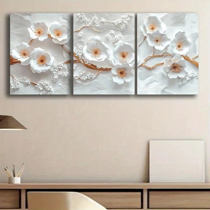 3pcs Abstract Charming Flowers White Yellow Metal Print Ready to Hang Art