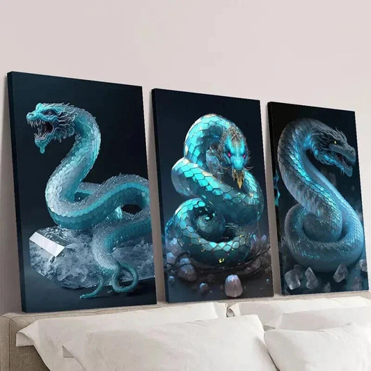 3pcs Blue Snake Decor with Crystal Accents Wall Art Set Canvas Framed 40x60cm - High Quality Print 100% Australian Made Wall Canvas Ready to Hang