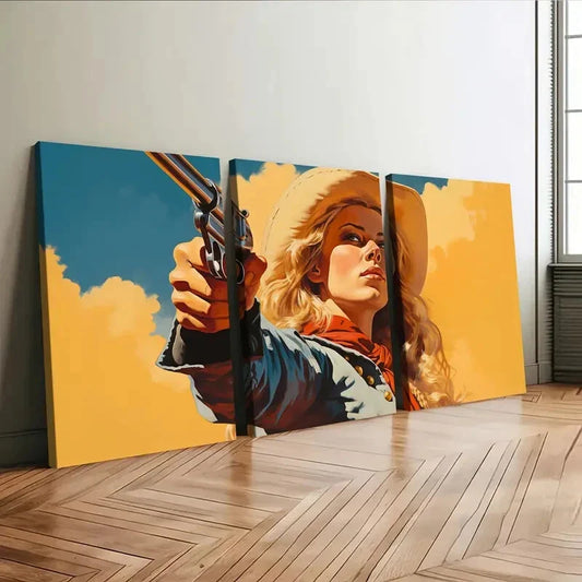 3pcs Vintage Wild West Cowgirl Blue Sky Golden Wall Art Set Canvas Framed 40x60cm - High Quality Print 100% Australian Made Wall Canvas Ready to Hang