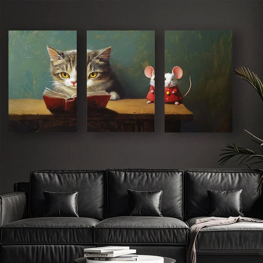 3pcs Fashionable Abstract Reading Cats & Cute Mice Metal Print Ready to Hang Art