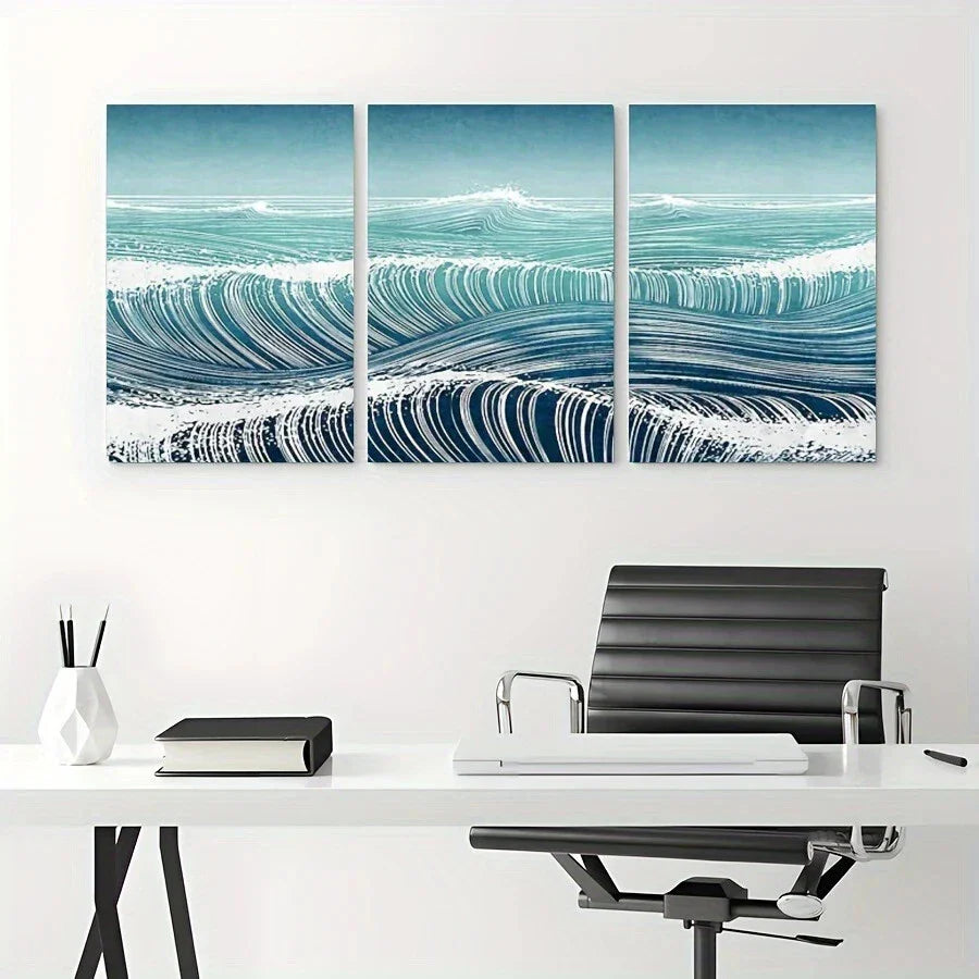 3pcs Beach Scene Blue Waves Blue & White Metal Print Ready to Hang Art
