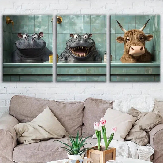 3pcs Fashion Animals Hippopotamus Cow Crocodile Wall Art Set Canvas Framed 40x60cm - High Quality Print 100% Australian Made Wall Canvas Ready to Hang