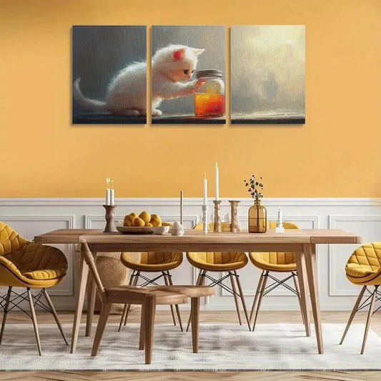 3pcs Adorable White Kitten Whimsical Metal Print Ready to Hang Art