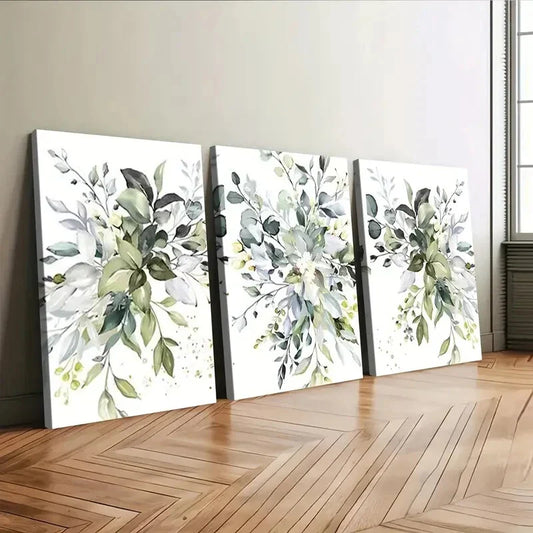 3pcs Elegant Floral Botanical Purple Green Blue Wall Art Set Canvas Framed 40x60cm - High Quality Print 100% Australian Made Wall Canvas Ready to Hang