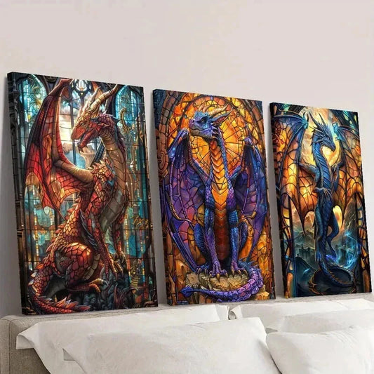 3pcs Vibrant Majestic Dragon Paintings Wall Art Set Canvas Framed 40x60cm - High Quality Print 100% Australian Made Wall Canvas Ready to Hang