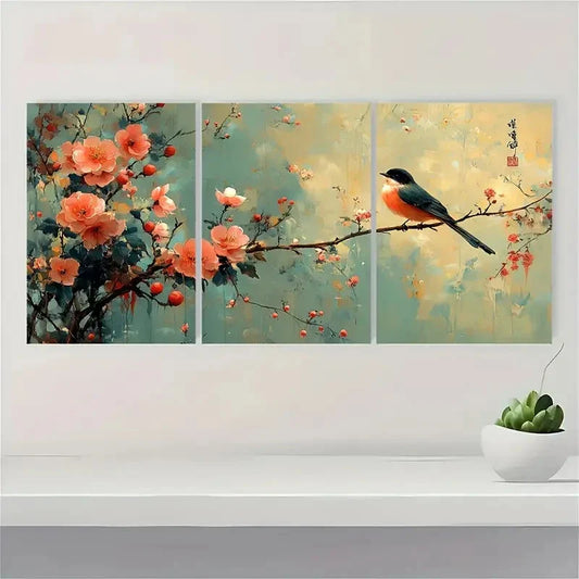 3pcs Traditional Chinese Style Green Flowers Metal Print Ready to Hang Art