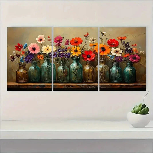 3pcs A Charming Arran Ent Of Colorful Flowers Metal Print Ready to Hang Art