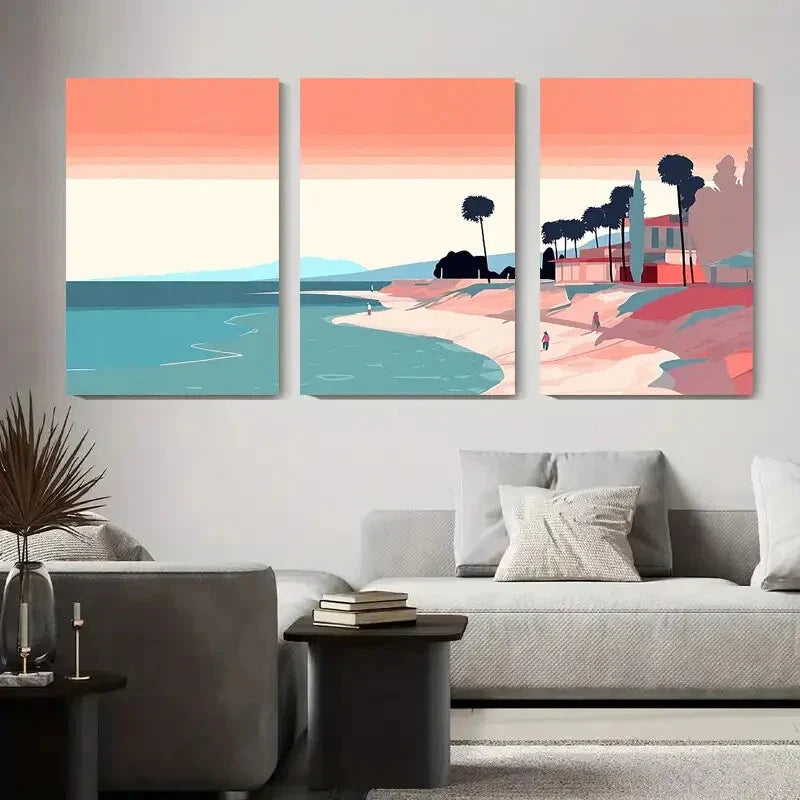 3pcs Abstract Coastal Landscape with Vibrant Sky Metal Print Ready to Hang Art