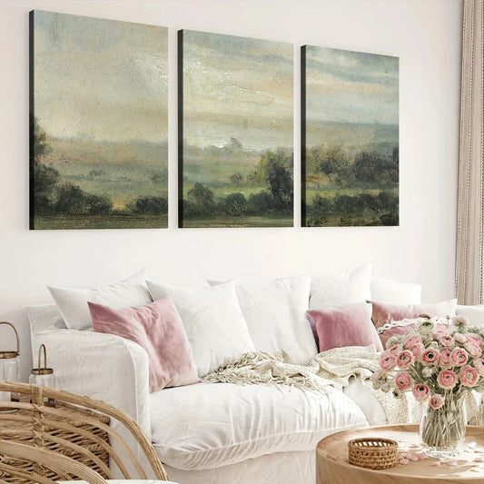 3pcs Vintage Green Nature Forest Sky Grasses Wall Art Set Canvas Framed 40x60cm - High Quality Print 100% Australian Made Wall Canvas Ready to Hang