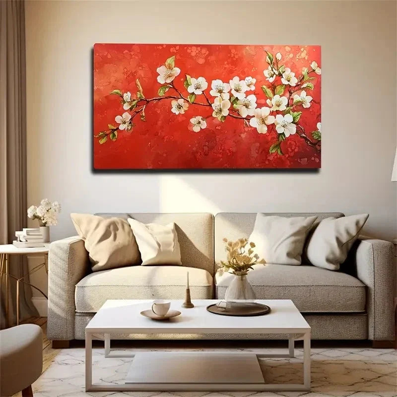 White Flowers On Red Natural Wall Art Canvas Office Home Room Framed 120x60cm