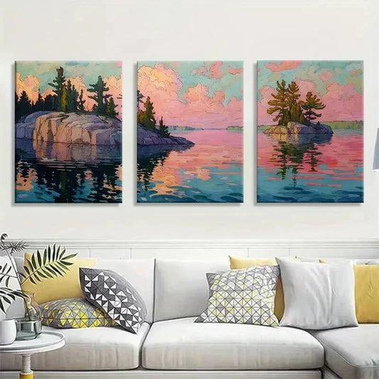 3pcs Serene Lakeside Rocks and Trees Wall Art Set Canvas Framed 40x60cm - High Quality Print 100% Australian Made Wall Canvas Ready to Hang