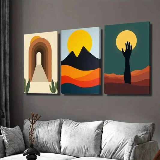 3pcs Geometric Landscape Vibrant Sunset & Mount Wall Art Set Canvas Framed 40x60cm - High Quality Print 100% Australian Made Wall Canvas Ready to Hang