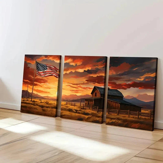 3pcs Rustic Barn American Flag Sun Shine Clouds Wall Art Set Canvas Framed 40x60cm - High Quality Print 100% Australian Made Wall Canvas Ready to Hang