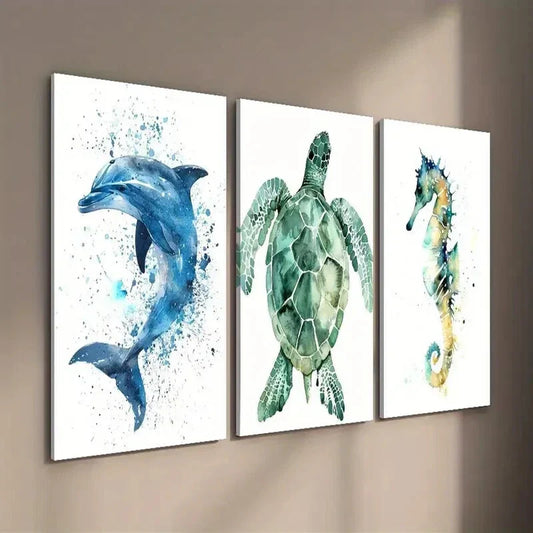 3pcs Pacific Dolphin Green Turtle and Seahorse Wall Art Set Canvas Framed 40x60cm - High Quality Print 100% Australian Made Wall Canvas Ready to Hang