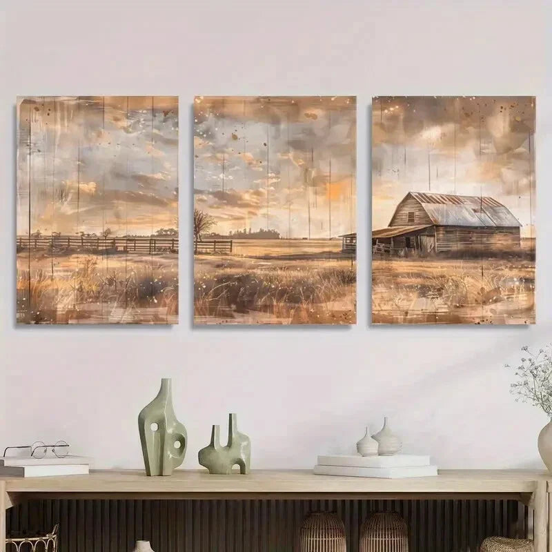3pcs Vintage Countryside Landscape with Barn Metal Print Ready to Hang Art