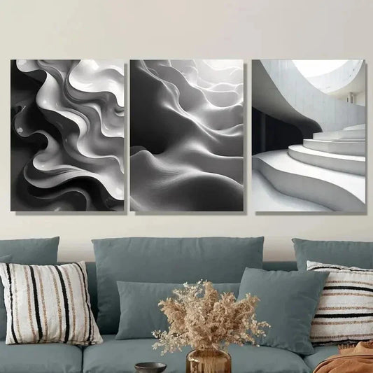 3pcs Modern Abstract Panel Black and White Wall Art Set Canvas Framed 40x60cm - High Quality Print 100% Australian Made Wall Canvas Ready to Hang