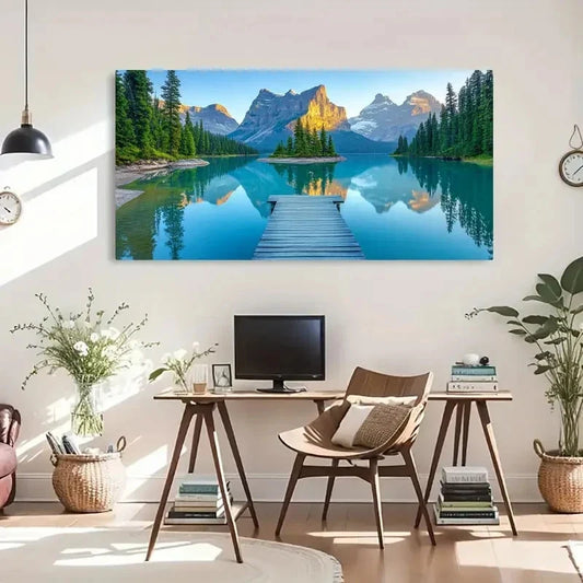 Serene Mountain Lake Scenic Wall Art Canvas Office Home Room Framed 120x60cm