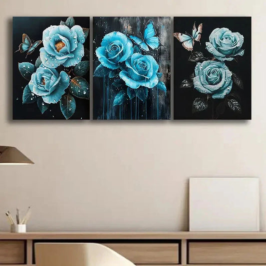 3pcs Teal Rose Floral Artwork Elegantly Metal Print Ready to Hang Art