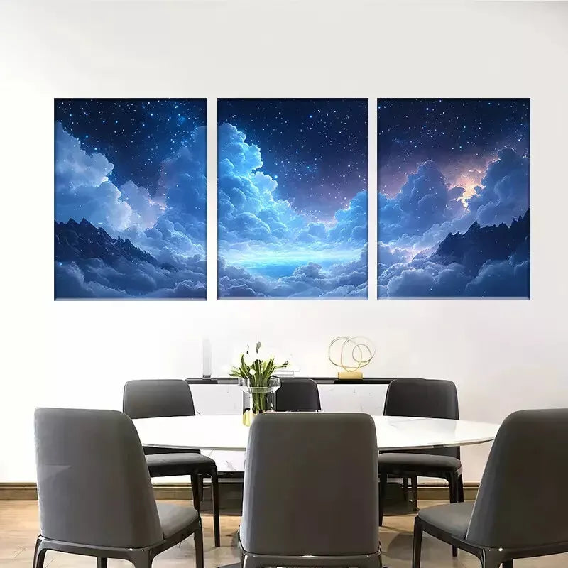 3pcs Starry Night Sky Dreamy Blue Galaxy Wall Art Set Canvas Framed 40x60cm - High Quality Print 100% Australian Made Wall Canvas Ready to Hang