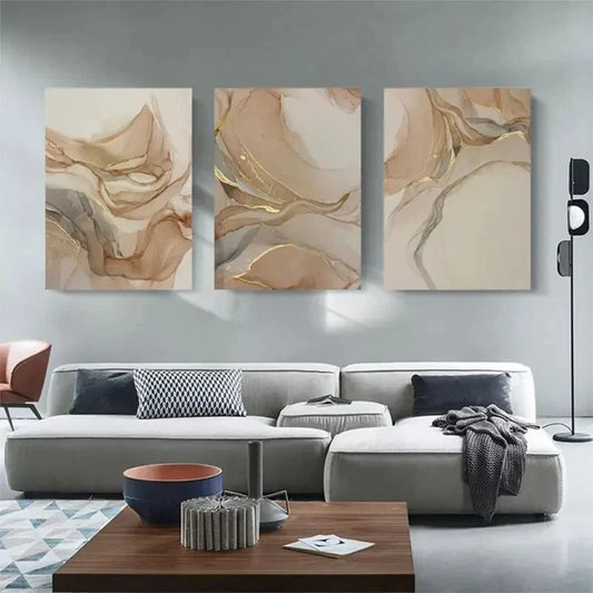 3pcs Beige and Golden Abstract Metal Print Ready to Hang Art