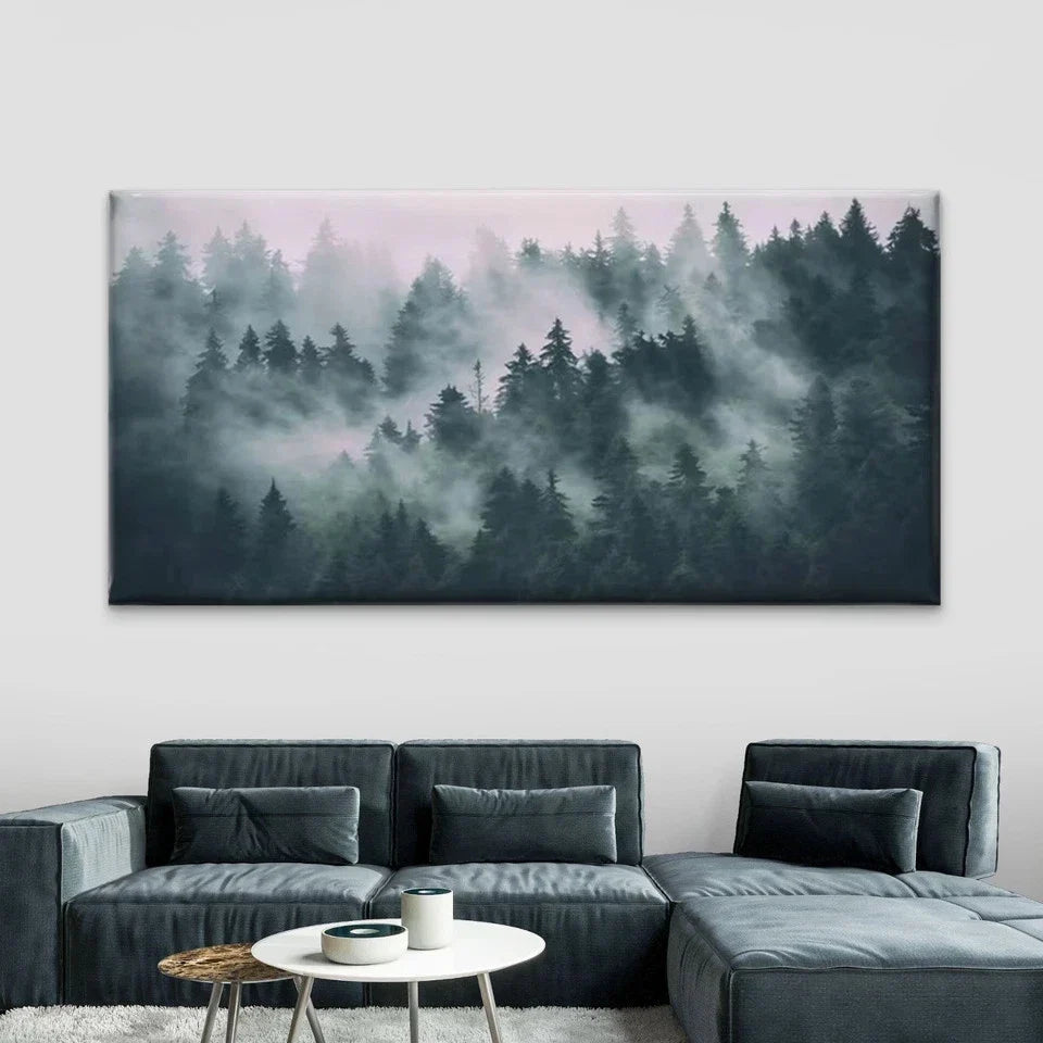 Misty Forest Trees Wall Art Canvas Office Home Room Framed 80x45cm